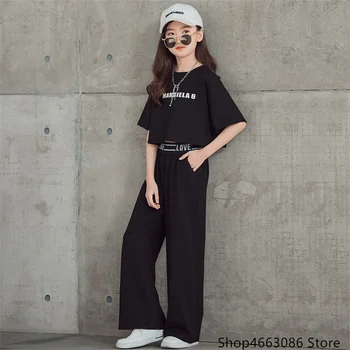 Повседневные комплекты из бутика для девочек от 4 до 12 лет, летний Корейский модный Тонкий однотонный топ с короткими рукавами, Широкие брюки, костюм-двойка